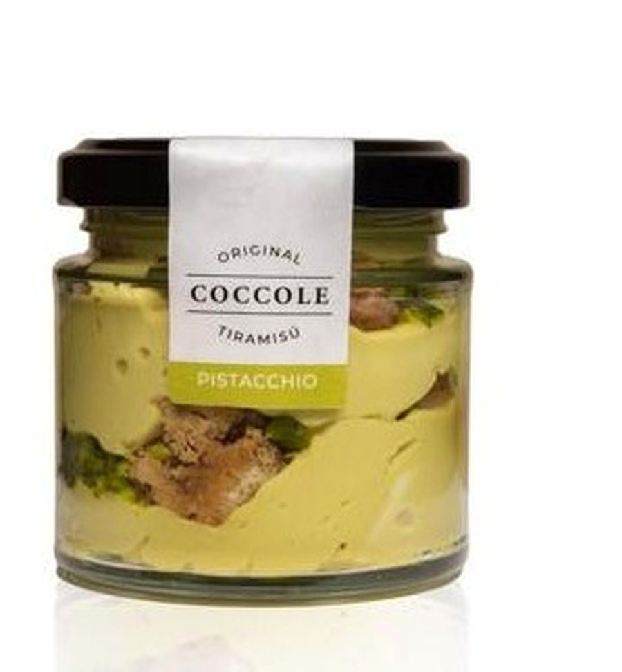 A jar of Coccole pistachio tiramisù with its printed label